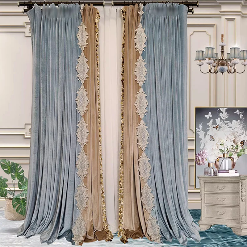 

European and American Luxury Velvet Embroidery Lace Stitching Tassel Blackout Curtains For Villa Bedroom Living Room Drapes
