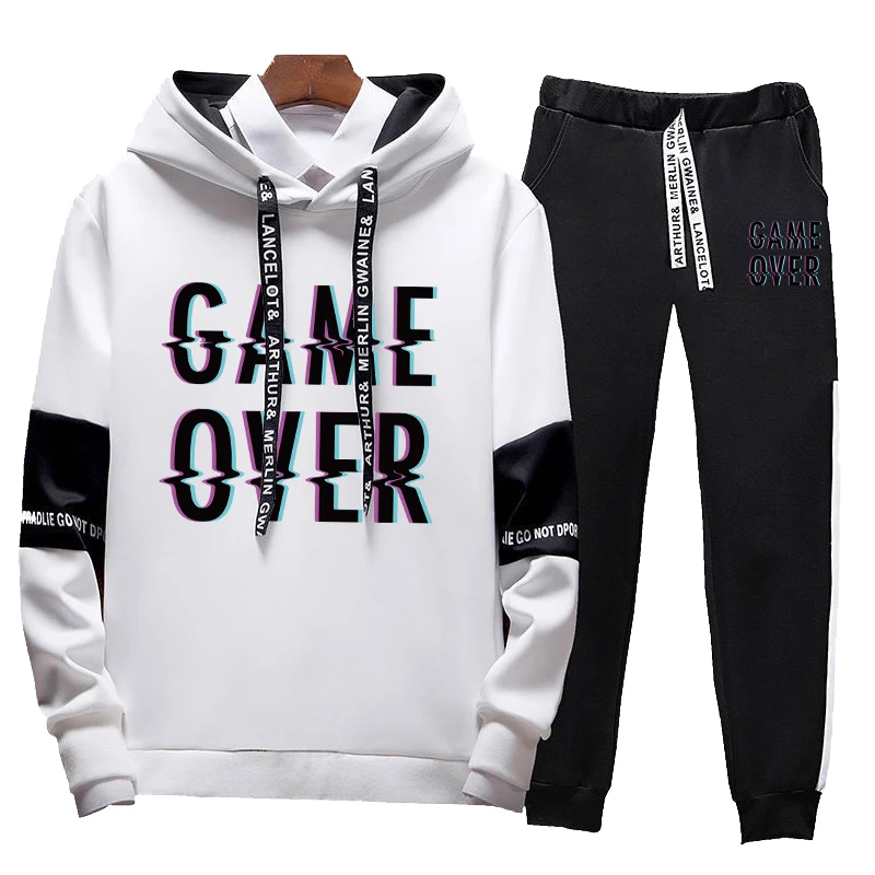 New Arrival Fashion Casual Suits Hooded Pullover and Jogger Pants Classic Unisex Style Black&White Mixing Color Tracksuit