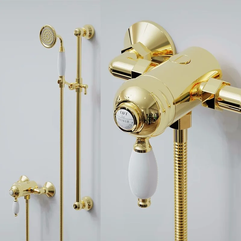 

Brass Bathroom Shower Set Wall Mounted Gold Single Lever Classical Faucet Bathroom Bath Shower Mixer Head