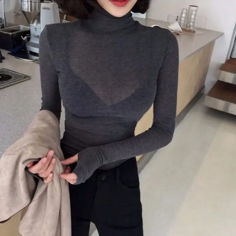 

Elegant Blusas Mujer Korean Fashion Long Sleeve T-Shirts For Women 2022 Spring Autumn Turtleneck Basic Haut Femme блузка женская