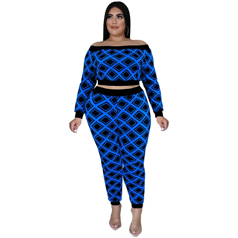 Plus Size Women's Fashion Casual Sports Suit 2022 New Straight Shoulder Plaid Sexy Two Piece Set  Wholesale Dropshipping