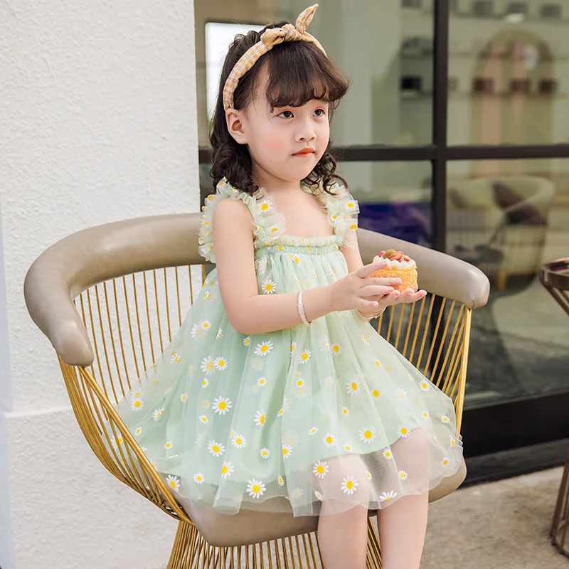 

2022 Summer New Small Daisy Print Girls Mesh Dress Children Casual Sundress Birthday Party Baby Puffy Strap Princess Dress 1-5T