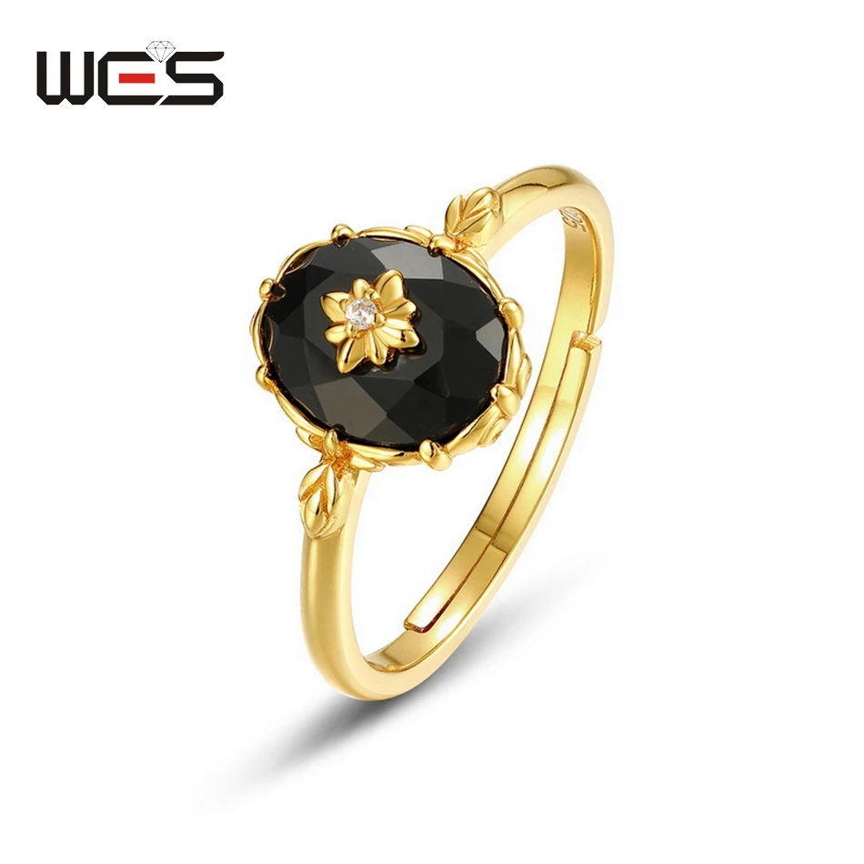 

WES 925 Sterling Silver Rings for Women Black Agate Fine Jewelry Natural Gemstone 6*8mm Anniversary Engagement Party Gifts