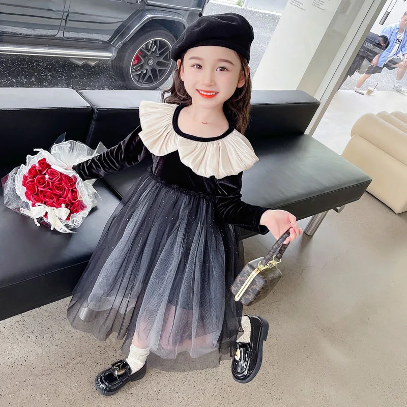 

Spring Autumn Girl Kid Sweet Ruffle Collar Velvet Dress Mesh Patchwork Children Casual Princess Dresses Baby Party Clothes