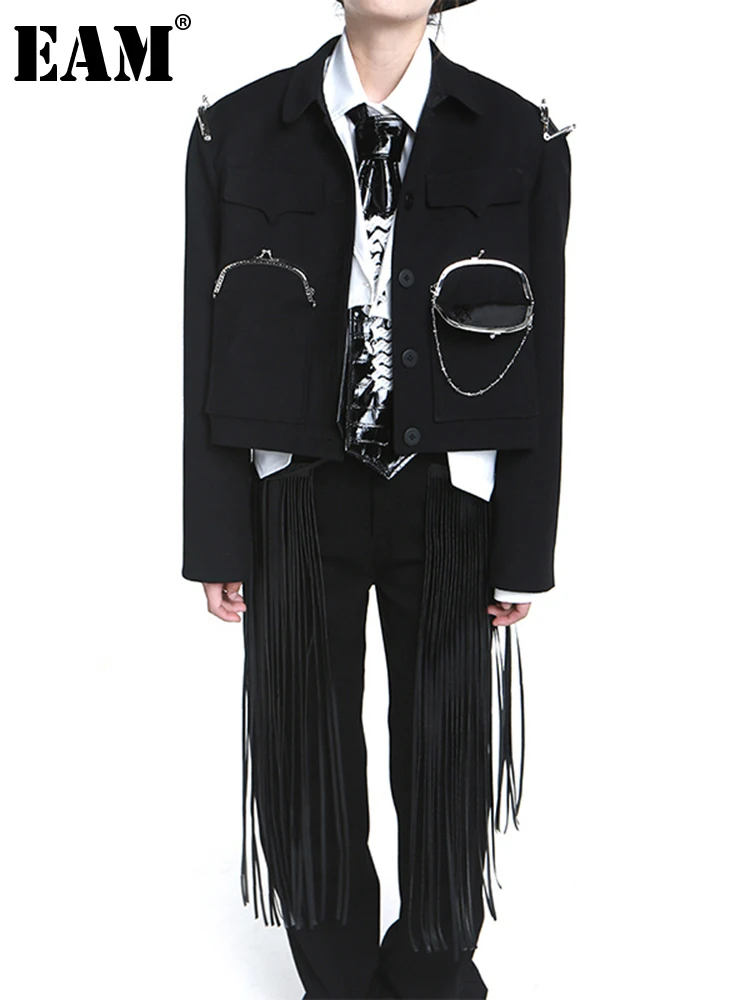 

[EAM] Loose Fit Black Metal Buckle Big Size Jacket New Lapel Long Sleeve Women Coat Fashion Tide Spring Autumn 2022 1DE2389