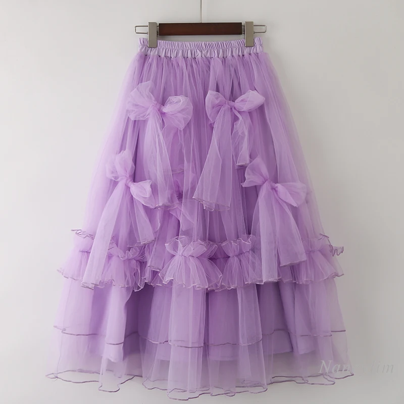 

Women's Gauze Skirt 2022 Spring Summer New Mesh Three-Dimensional Bow Elastic Waist Lolita Style Wide Hem Bubble Faldas Largas