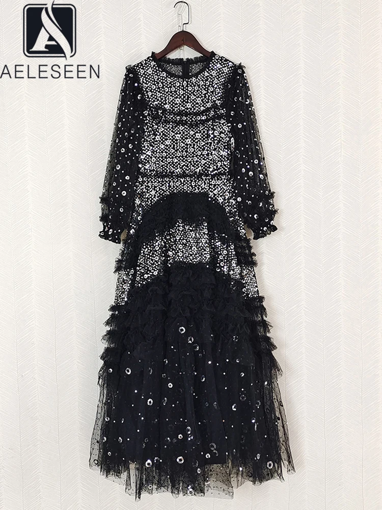 

AELESEEN Runway Fashion Black Irregular Dress Women Spring Autumn Luxury Ruffles Sequined Embroidery Gauze Long Party Tulle
