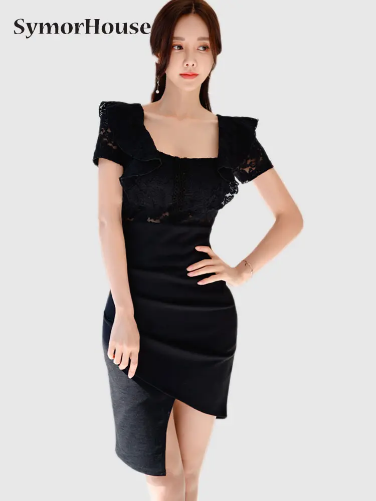 

Summer Elegant Hollow Out Pencil Dress Women 2023 Sheath Sexy Lace Patchwork Black Dresses Simple Bodycon Party Vestidos