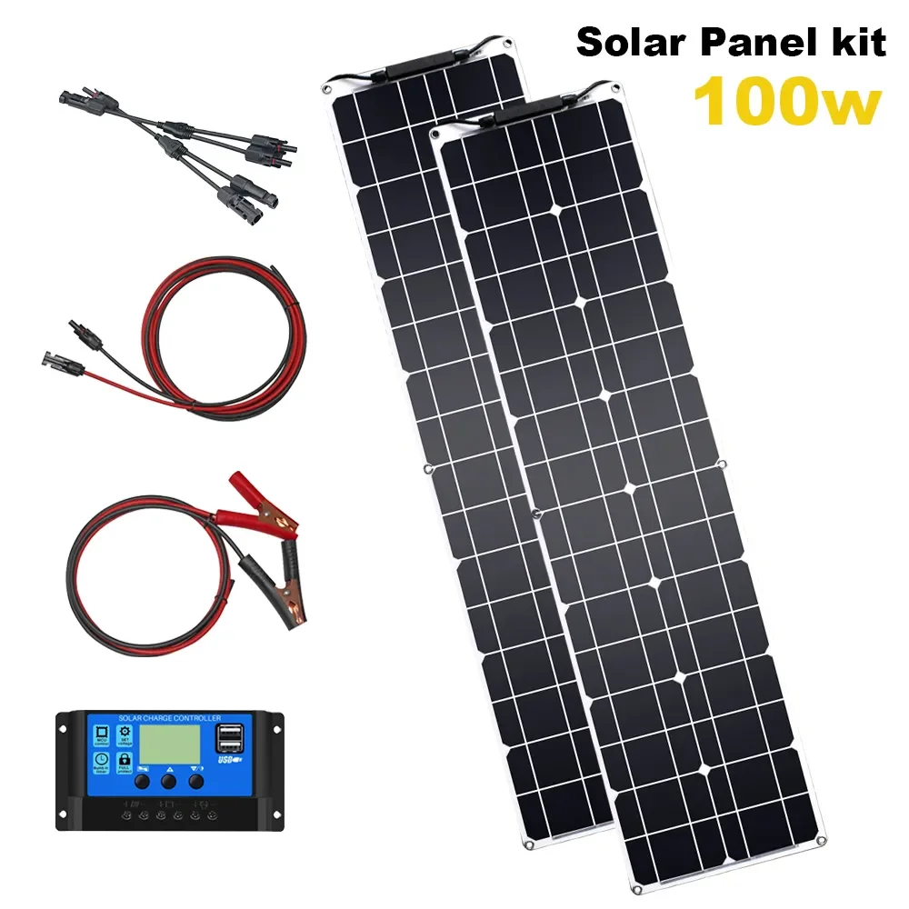 

50W Flexible Solar Panel Kit 2PCS 12V 100W Monocrystalline Panel Solar System Lightweight Placa Solar For Camping Boat RV