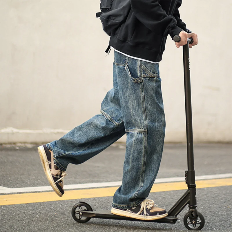 DEEPTOWN Classic Distressed Jeans Men Vintage Japanese Denim Straight Pants Black Blue Trousers Male Loose Casual Streetwear