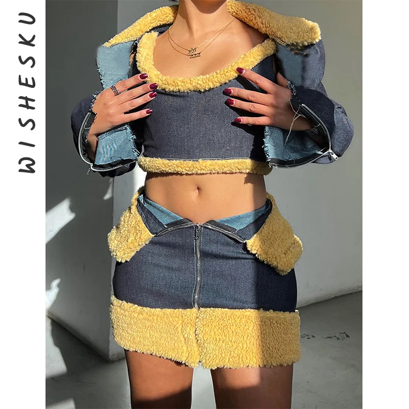 

Комплект из 3 предметов, Женский пушистый наряд в стиле пэчворк, сексуальный укороченный топ + короткий кардиган с длинным рукавом + мини-юбка с высокой талией, Осень-зима 2023