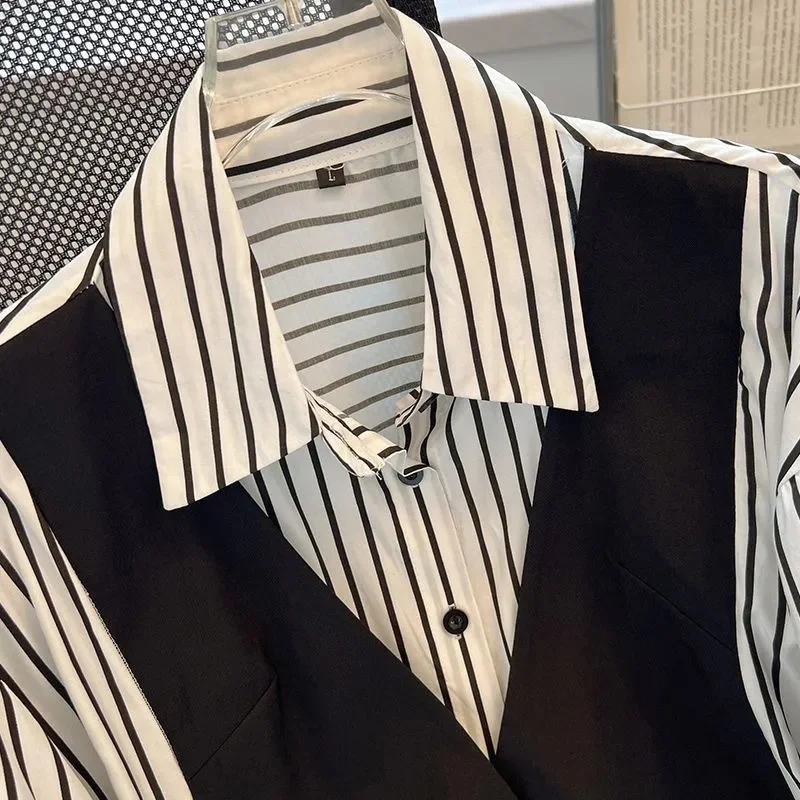 Осенняя женская модная полосатая рубашка свободная искусственная двойка