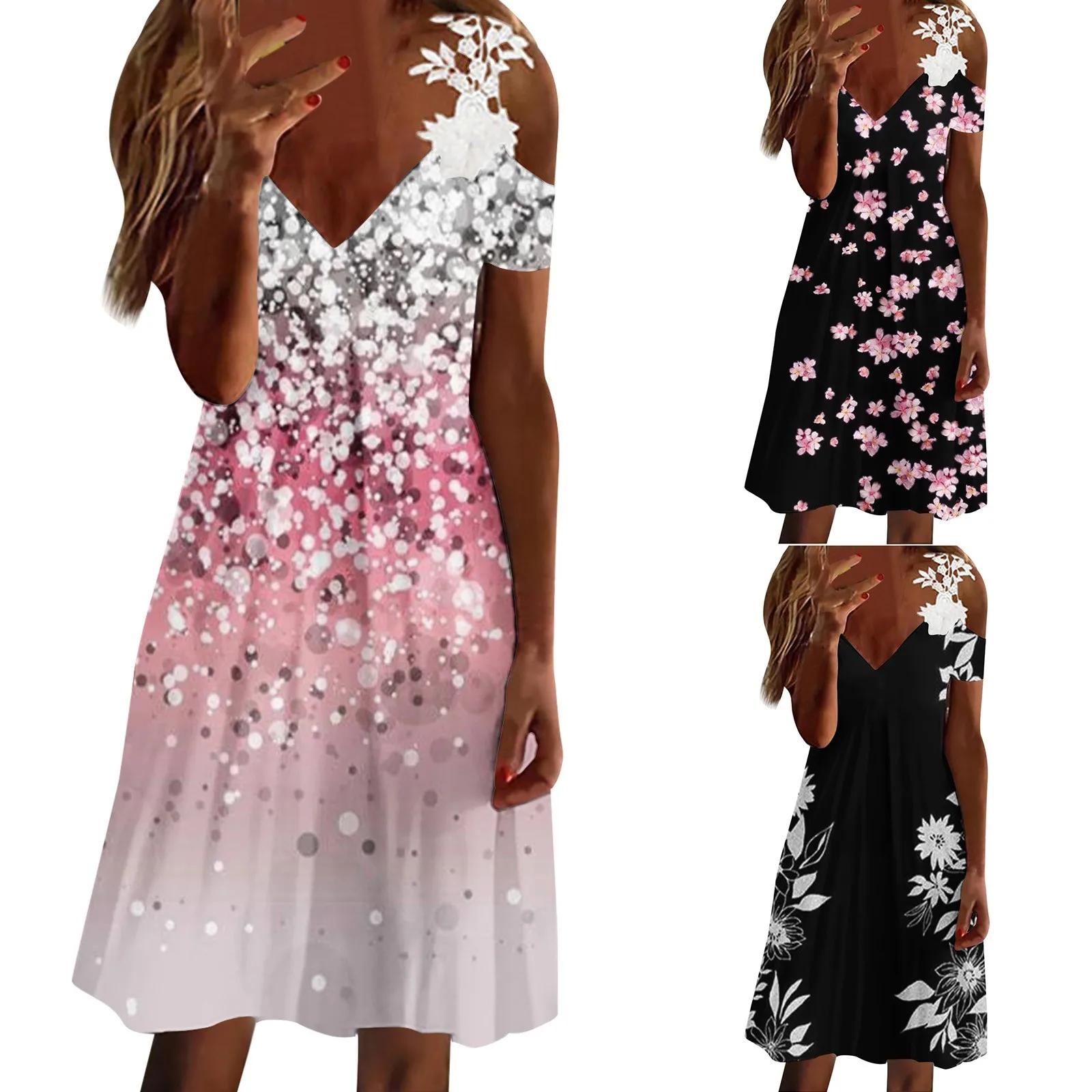 

Женское кружевное платье с цветочным принтом, Повседневное платье на бретельках с коротким рукавом, женское Повседневное платье с запахом