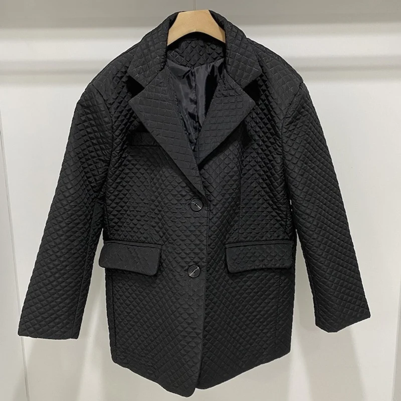 2023 New Autumn and Winter Women's Clothing Quilted Warm Plaid Loose Long-sleeved Lapel Single-breasted Suit Padded Jacket Women