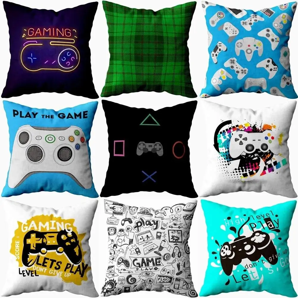 

Home Sofa Bedroom Living Room Gamer Game Controller Handle Joystick Cushion Cover Red Plaid Polyester Pillowcase