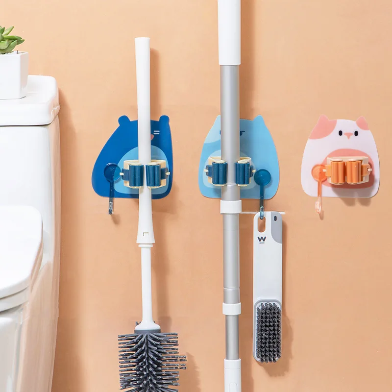 

3PCS Adhesive No Punch Mop Clip Hanger Storage Rack Home Plastic Wall Mount Cute Cartoon Strong Seamless Chuck Organizer Holder