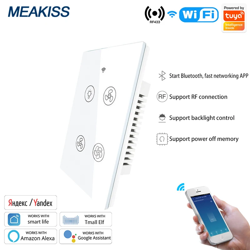 

Wifi fan light switch tuya smart life app control support Alexa voice control AC110V 220V tempered glass touch smart switch
