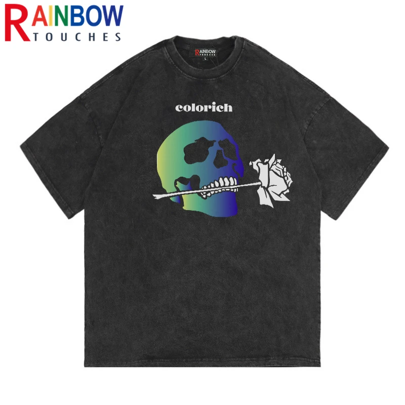

Винтажная промытая футболка Rainbowtouches 2022, унисекс, с рисунком черепа, розы, оригинальные мужские футболки оверсайз, модные футболки в стиле хи...