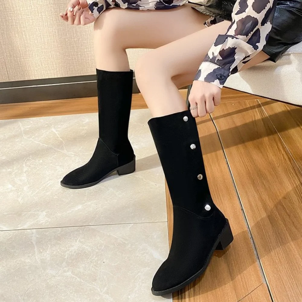 Women's Boots Square Heel Round Toe Knee High Boots Women's Shoes Winter Boots Black Medium Size 35-43 Chelsea