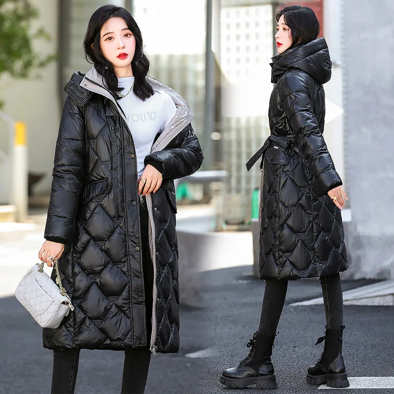 New Glossy Down Cotton Coats Women Winter Korean Fashion Tops Long Slim Thicken Warm Padded Jacket Female Clothing Hooded Parkas