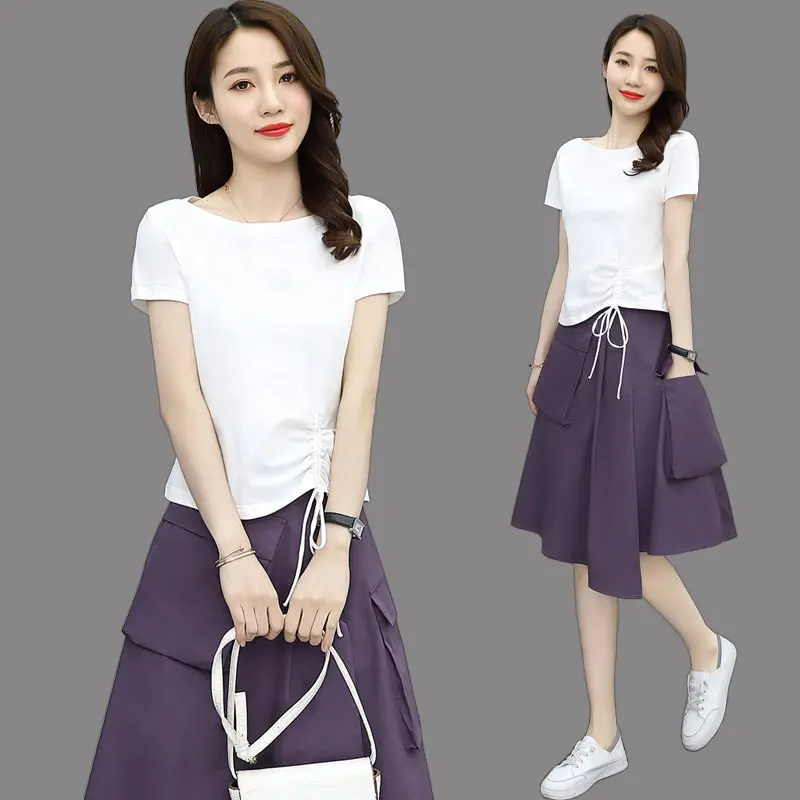 

Fashion skirt Suit Female 2022 Summer Korean High Waist high waist casual midi Dresses cotton Two-piece Suit 4XL J533