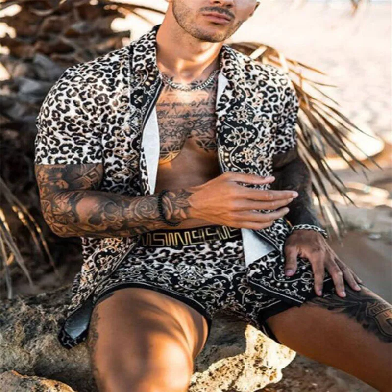 Camisa con botones para hombre, traje de solapa con estampado de leopardo, informal, de manga corta, a la moda, para playa, verano, 2022