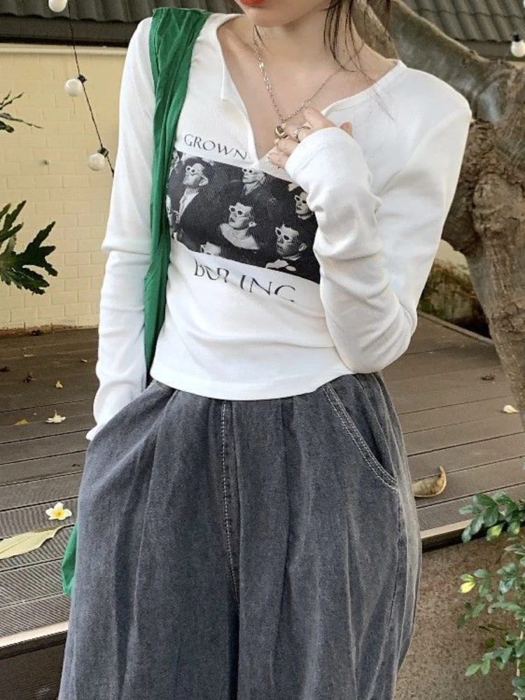 QWEEK Y2K Grunge Graphic Tees Gray Crop Top Women Korean Style Long Sleeve Sexy Slim White Tshirts Vintage Streetwear T Shirt
