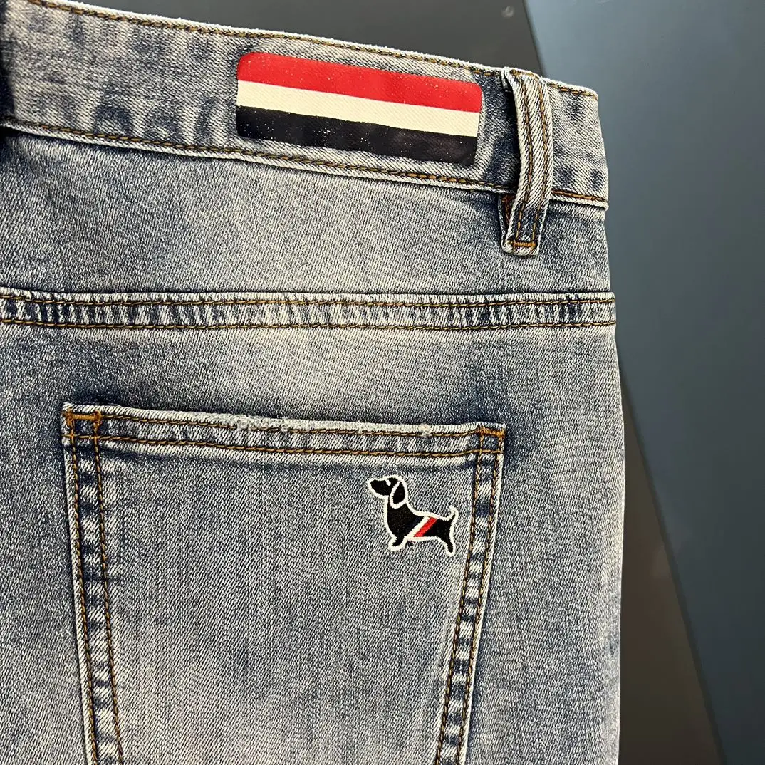 TB Jeans Fashion Puppy Striped Designer Style New Korea Men's Jeans Four Seasons Jeans Straight Regular Stretch Denim Trousers