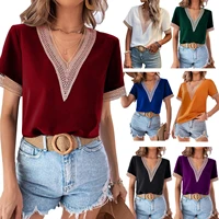women fashion v neck loose tops short sleeve casual office lady spring summer patchwork tops streetwear