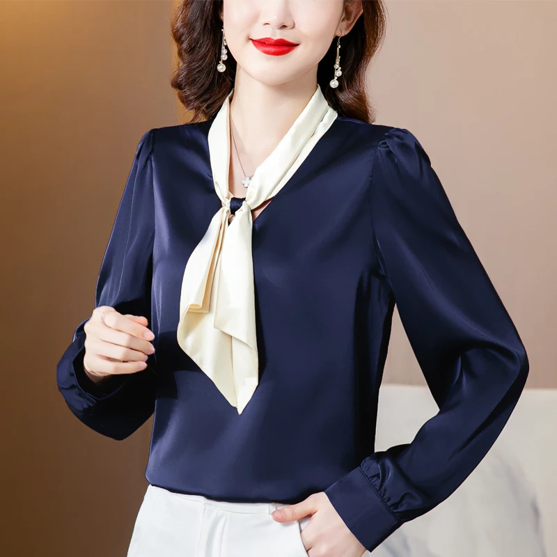 

Poplin Women's Blouses New Fashion Casual Long Sleeve Top Solid Color Bow Tie Summer Female Clothes Houthion