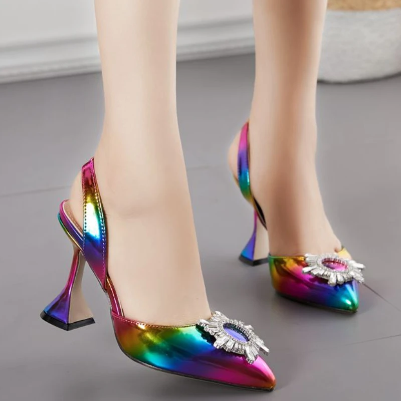 

Rainbow Color Women Sandals Pointed Toe Sun Style Rhinestone High Heels Weeding Shoes Spike Heel Slingback Pumps 2022