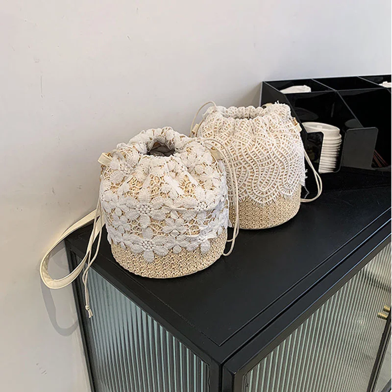 

New Straw Plaited Article Women Lace Bucket Bag Causal Holiday Beach Bag Elegant Lace Staw Bag Shoulder Crossbody Bag Handbag