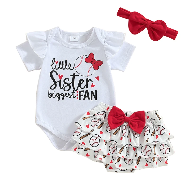 

Newborn Baby Girl Summer Clothes 3pcs Set Cotton Romper Baseball Ruffle Tutu Skirts Short Outfit with Headband