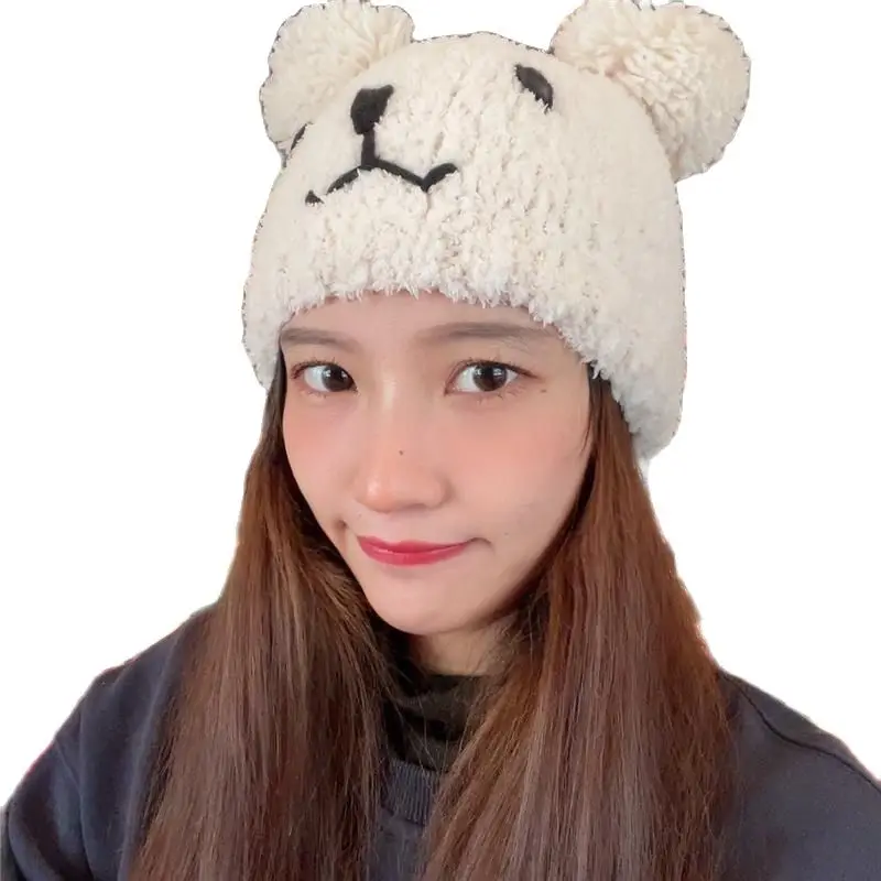 

Parents Child Hats Winter Beanie For Women Faux Fur Bear Ear Acrylic Knitted Hats Soft Warm Fashion Skullies Bonnet Kid Cap Men