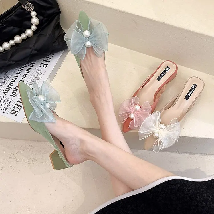 

Мюли женские с острым носком, флоковые туфли, квадратный каблук, квадратный каблук, шлепанцы, лоферы, заостренный носок, сланцы, лето 2022