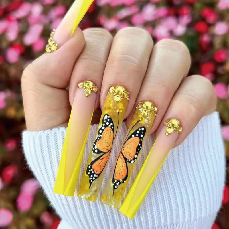 

Fake Nail Advanced Yellow French Long Butterfly Rhinestone Nail Professional Manicure Supplie