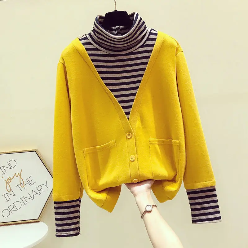 Sweater jacket women's 2021 autumn and winter new   loose ins high-neck striped stitching top  LOOSE  Cotton  Casual
