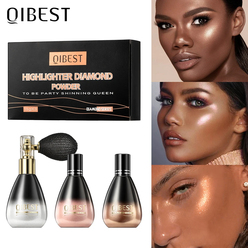 

QIBEST Glitter Powder Spray Makeup Sets 3 Color Pressed Powder Body and Face Shimmer Dust Sparkle Powder Highlighter Spray
