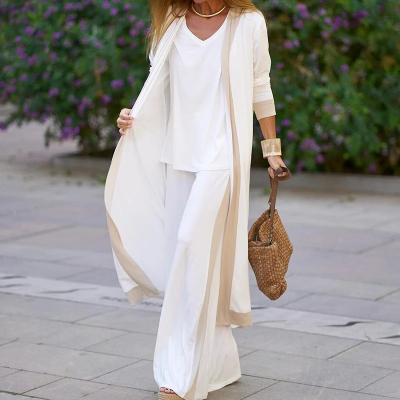 

Women Casual Sling Top Straight Trouser Long Cardigan 3Pcs Suit Solid Color Loose Wide Leg Pant Spring Autumn Streetwear