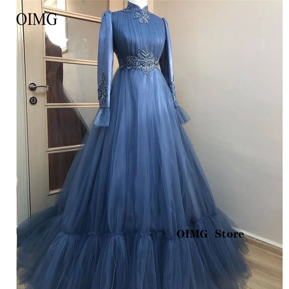 

OIMG Dusty Blue Tulle Long Sleeves Evening Dresses Modest Saudi Arabic High Neck Applique Tiered Dubai Women Formal Prom Gowns