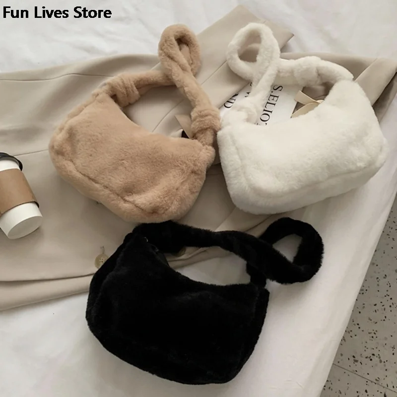 

Winter Women's Handbag Ladies Faux Fur Tote Handbags Top Handle Plush Bag Shoulder Purse Luxury Designer Female Underarm Pouch