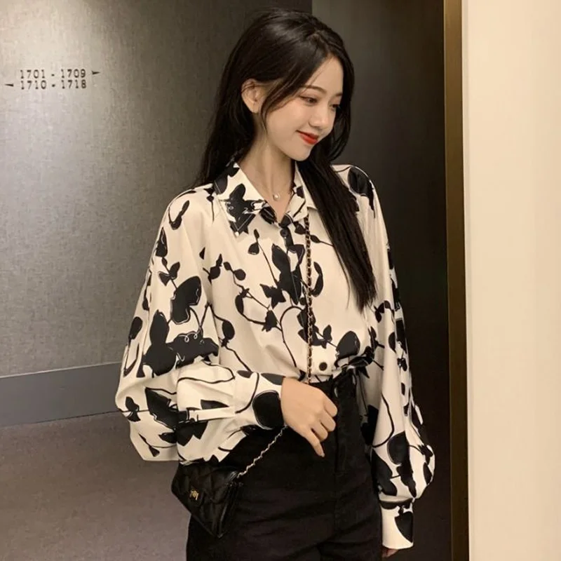 Spring New Printing Loose Blouse Ladies Long Sleeve Polo Neck Plus Size Shirt Tops Vintage Fashion Women Clothing