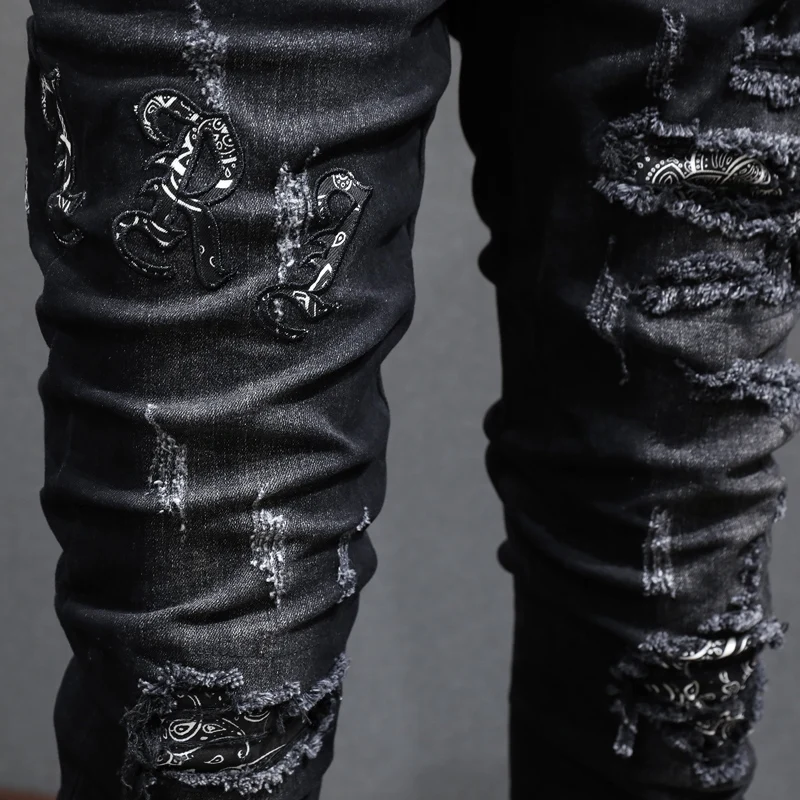 High Street Fashion Men Jeans Retro Black Gray Stretch Skinny Ripped Jeans Men Brand Patches Designer Hip Hop Denim Pants Hombre