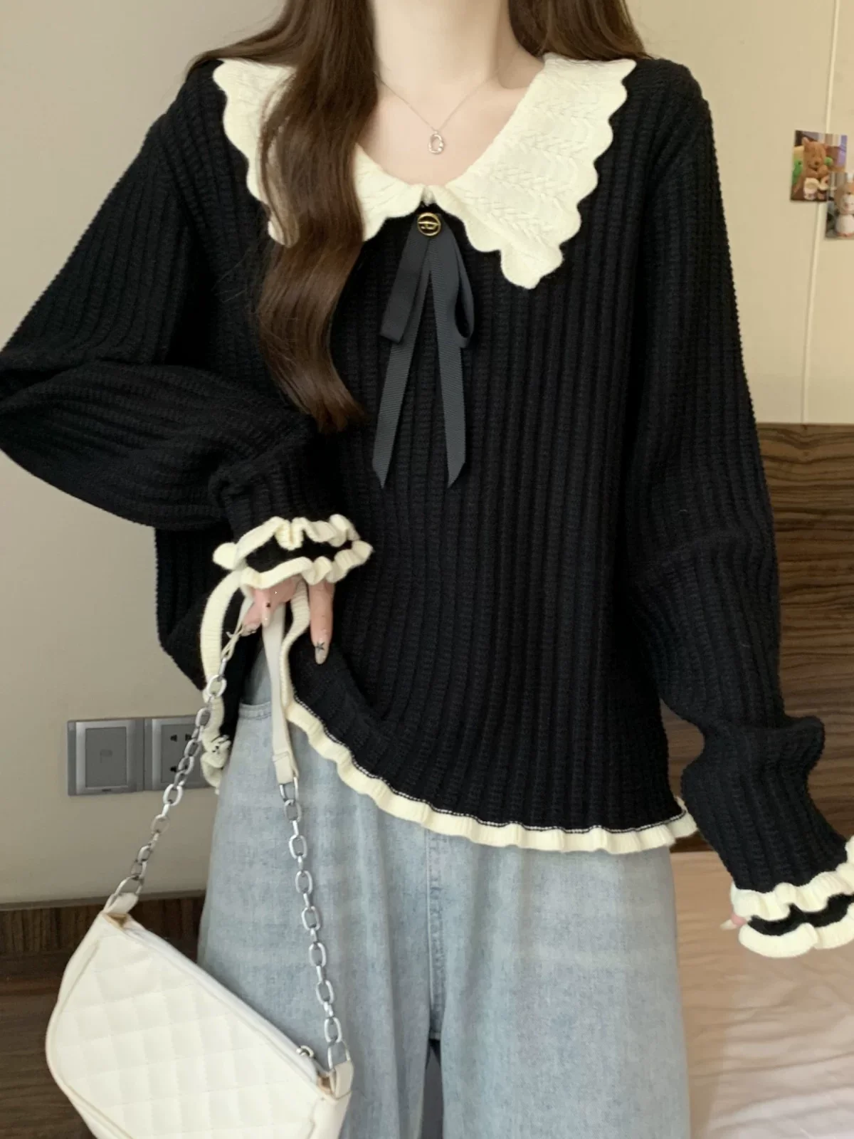 Плюс размер дизайн Sense кукольный воротник с деревянными ушками вязать осенняя