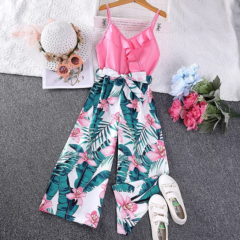 

Clothing for Girls Bandage Sleeveless Suspender Jumpsuits Romper Summer Fashion Print Long Pants Kids Girl Casual Clothes Ropa