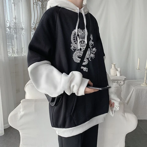 China Dragon Print Hoodies For Men Women Streetwear Harajuku Vintage Black And White Dragon Ulzzang 90s Patchwork Sweatshirts