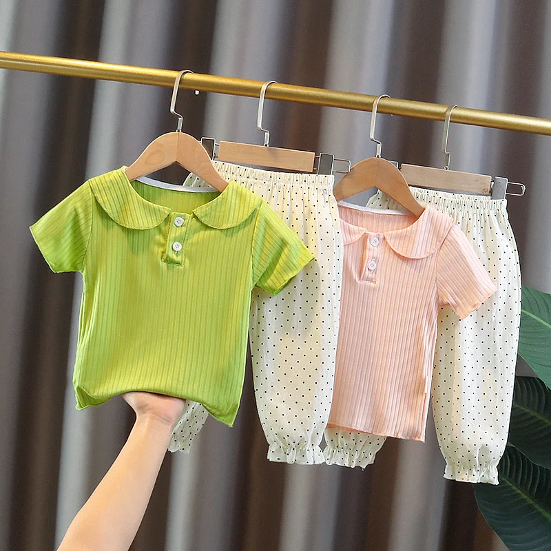 

New Summer Child Clothes Sets Short Sleeve Peter Pan Collar Dot Green Cute 2 Piece Sets Designer Girls Clothes Sets 12M-5T