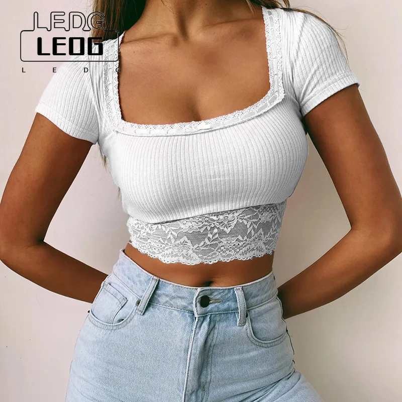 

LEDP сексуальный кружевной отделкой Белый ребристый кроп-топ Женская летняя 2022 ребристые винтажные футболки Harajuku женские Топы Женская мода