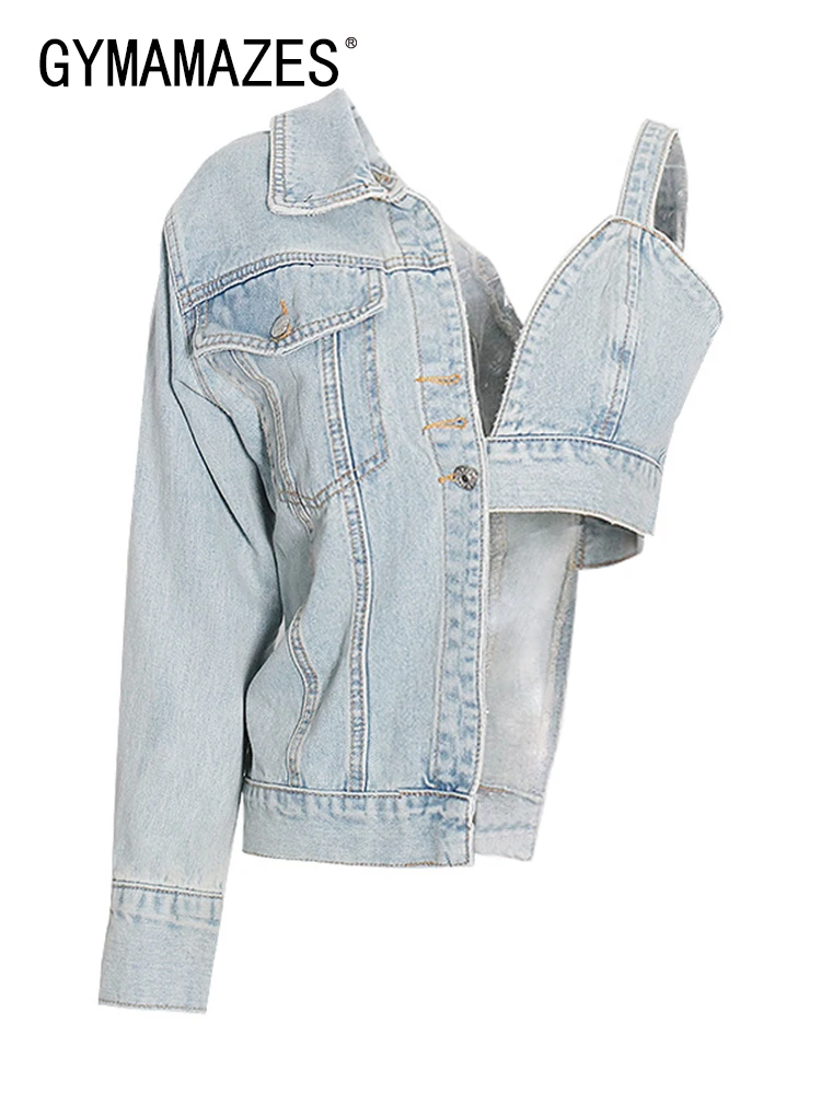 

Джинсовая куртка GYMAMAZES женская с отложным воротником, оригинальная Асимметричная куртка с длинным рукавом и открытыми плечами, стильная ос...