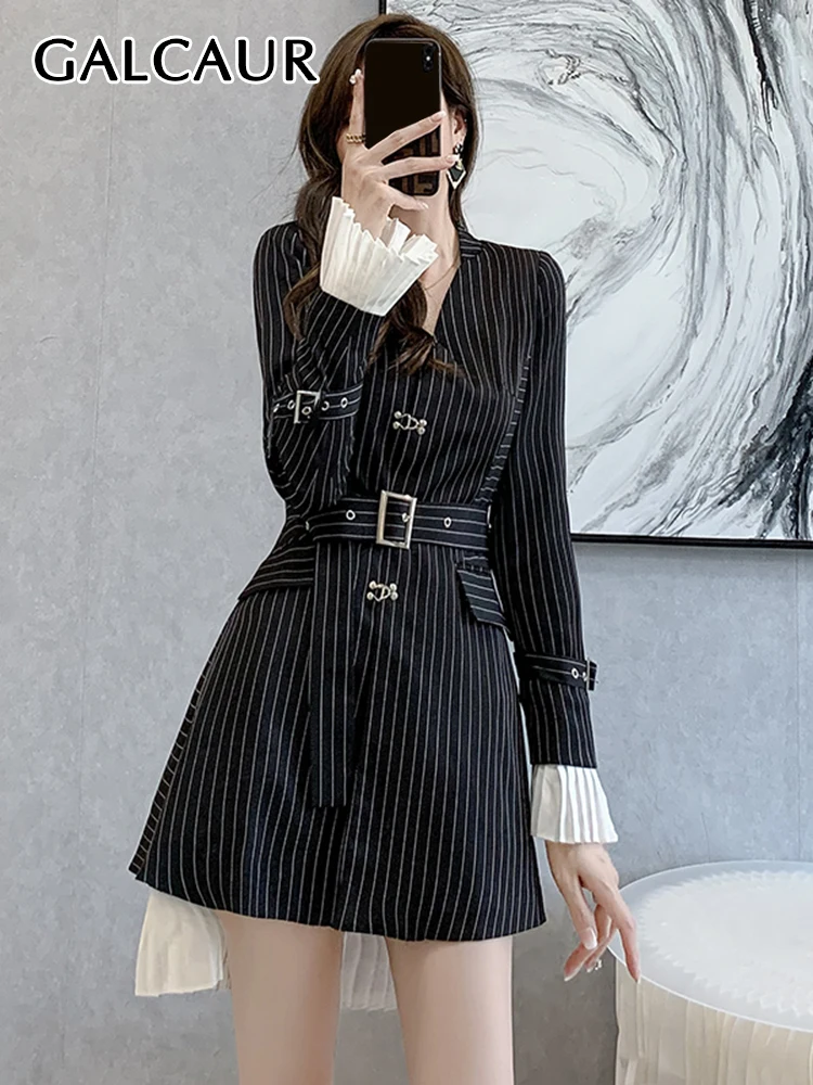 

GALCAUR Slim Striped Blazer For Women Notched Collar Long Sleeve Patchwork Belted Ruched Blazers Female Autumn Clothing Fashion